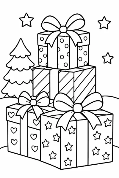 A stack of wrapped presents coloring page