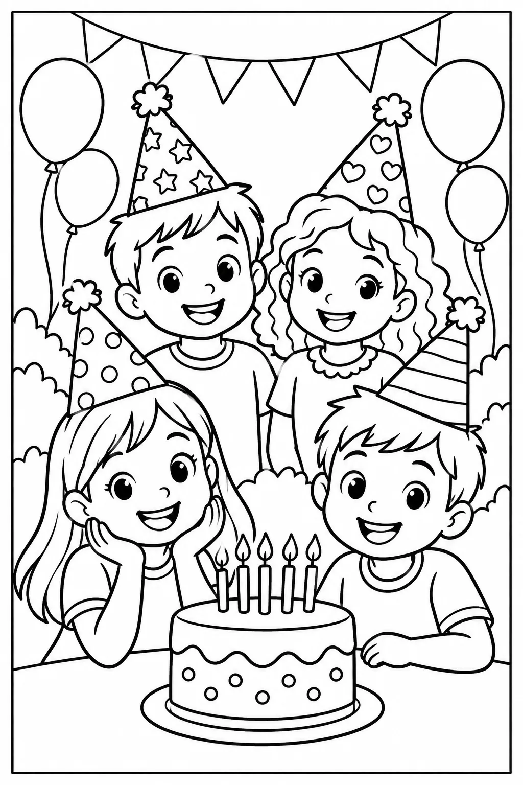 Kids wearing party hats coloring page