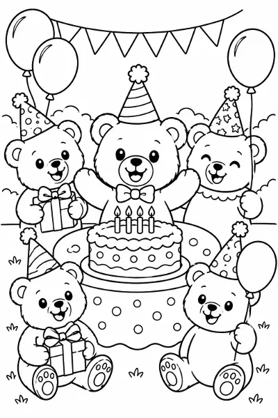 A teddy bear birthday party coloring page