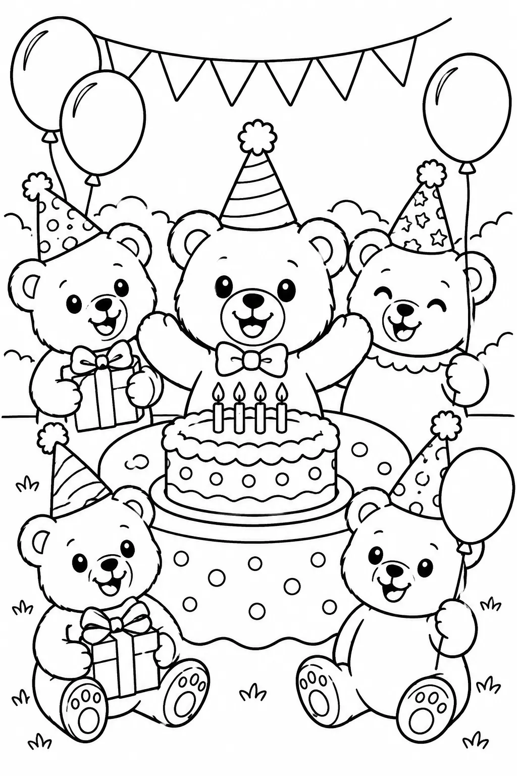 A teddy bear birthday party coloring page
