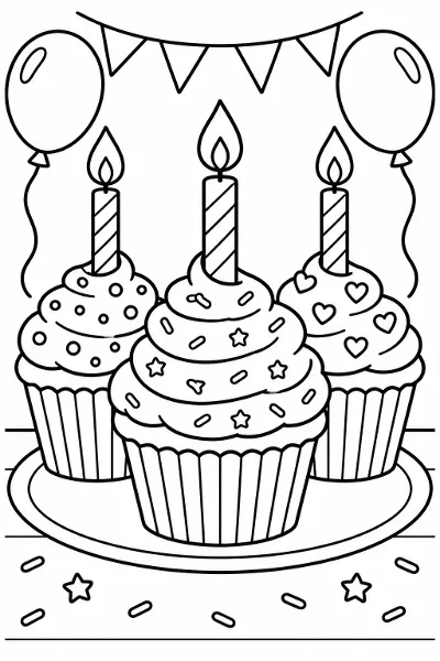 Cupcakes with candles coloring page