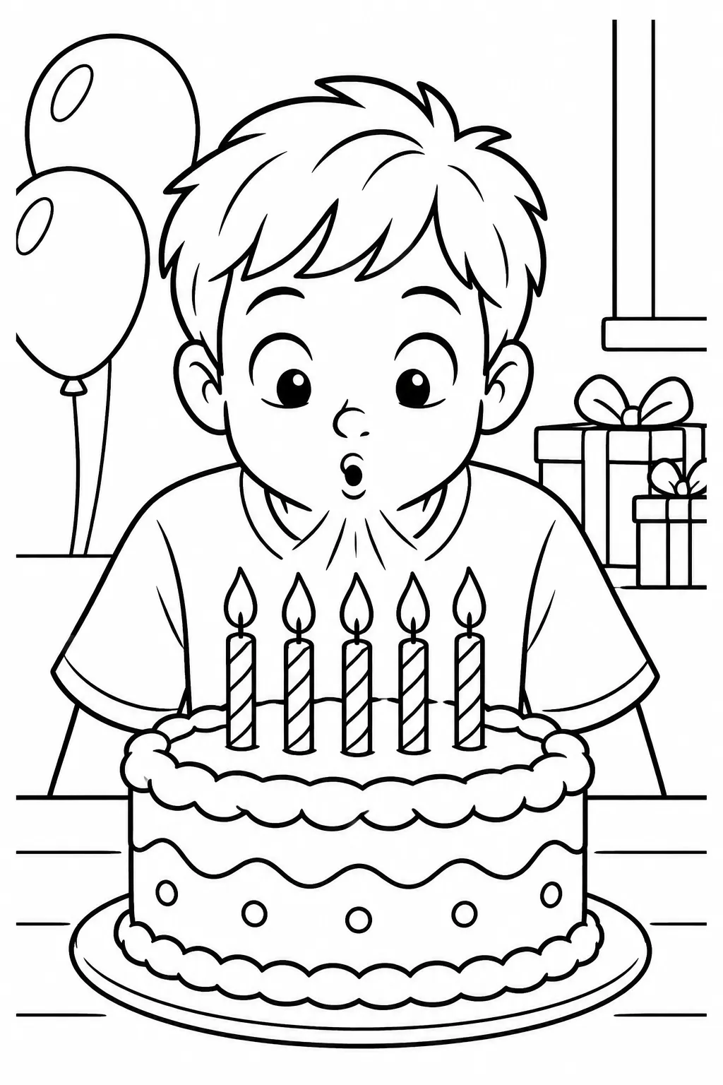 A kid blowing out candles coloring page