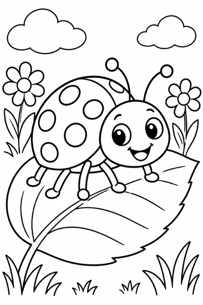A smiling ladybug on a big leaf coloring page