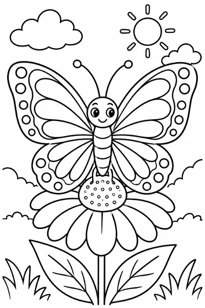 A butterfly with patterned wings on a flower coloring page