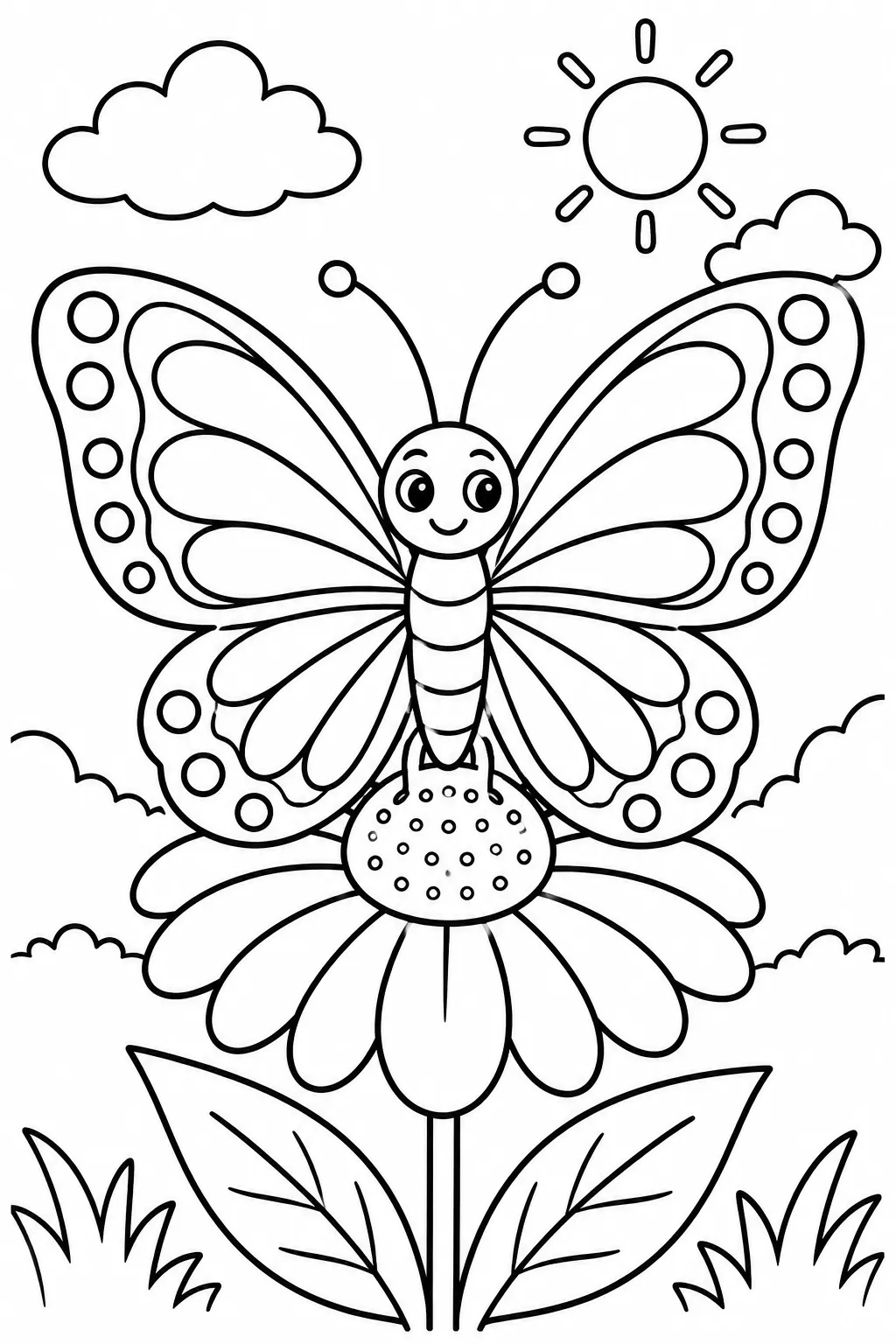 A butterfly with patterned wings on a flower coloring page