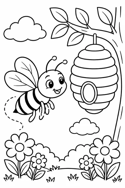 A busy bee flying near a beehive coloring page