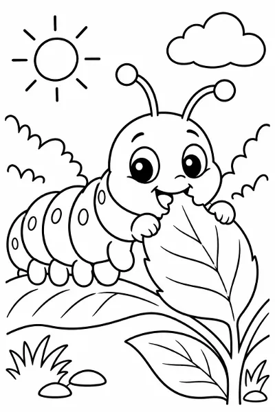 A caterpillar munching a leaf coloring page