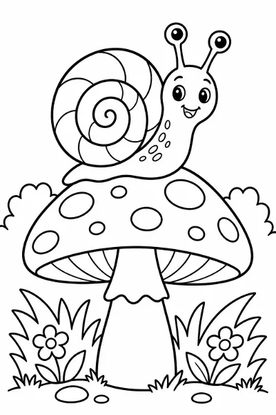 A snail with a swirly shell on a mushroom coloring page