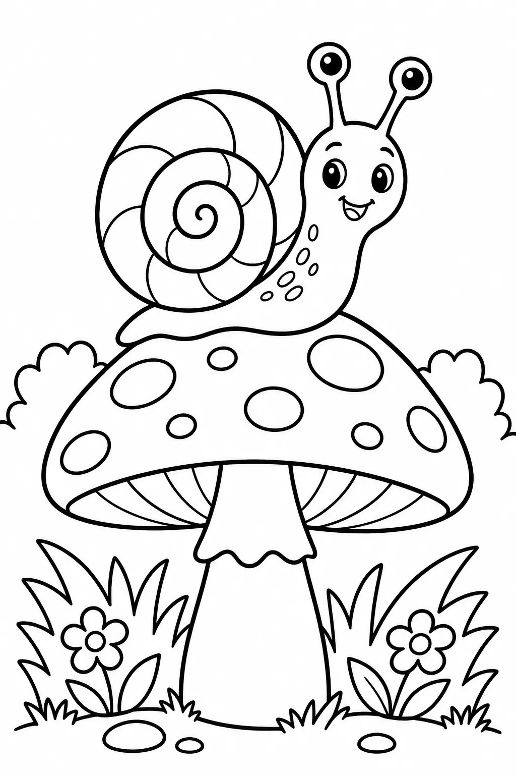 A snail with a swirly shell on a mushroom coloring page
