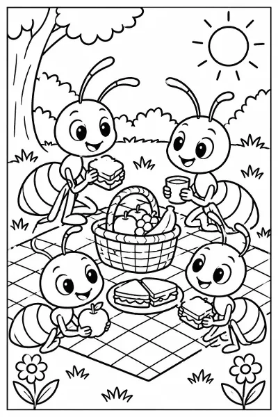Ants having a picnic coloring page
