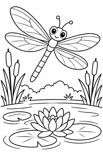 A dragonfly over a pond coloring page