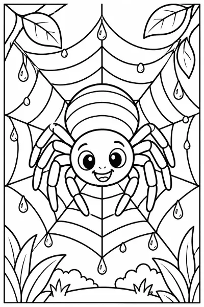 A friendly spider in a dewy web coloring page