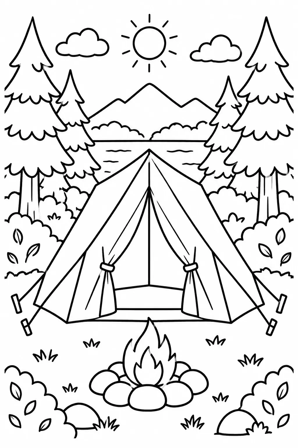 A tent in the woods coloring page