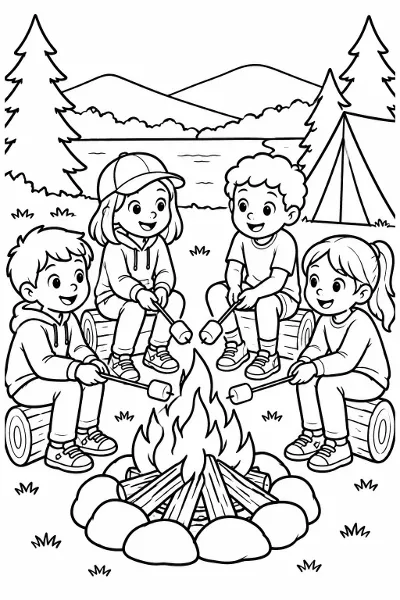Kids roasting marshmallows at a campfire coloring page