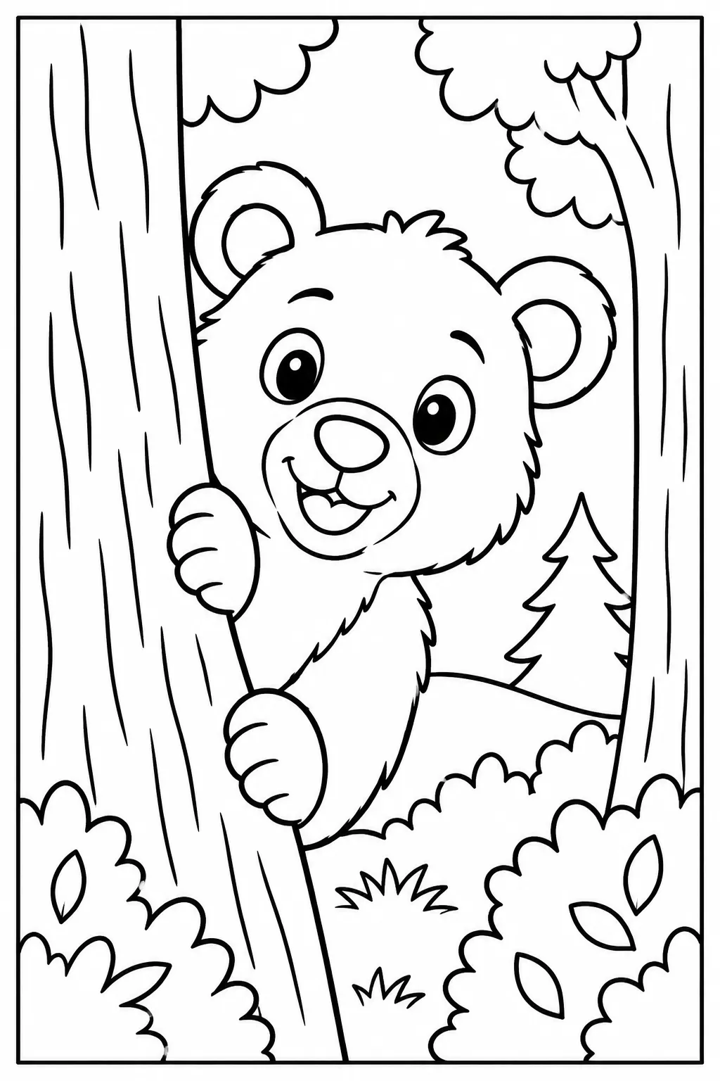 A bear peeking out from the trees coloring page