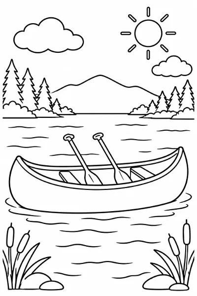 A canoe on a lake coloring page