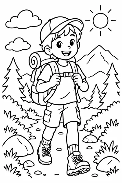 A kid hiking with a backpack coloring page