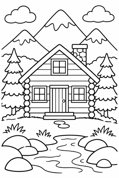 A cabin in the mountains coloring page