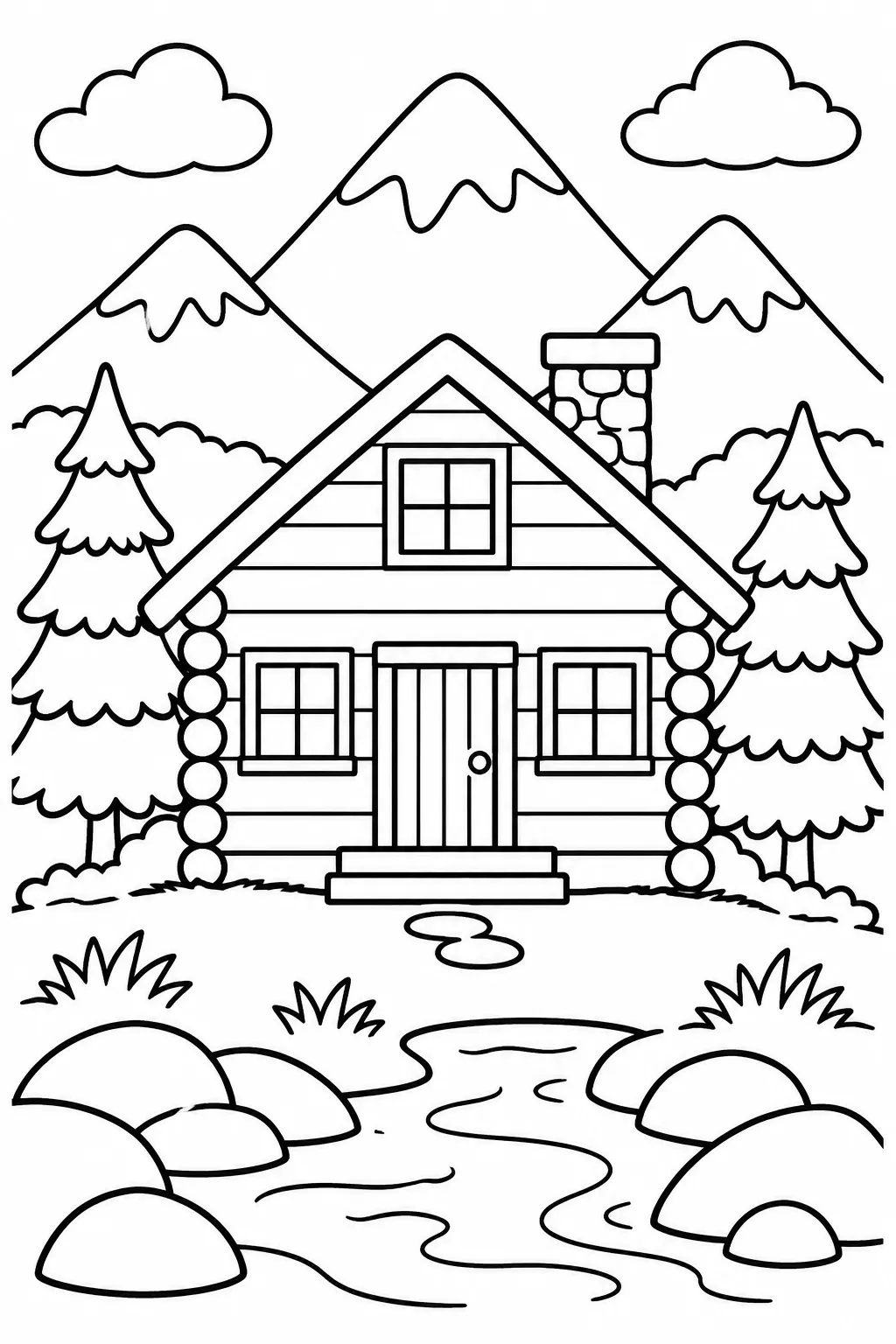 A cabin in the mountains coloring page