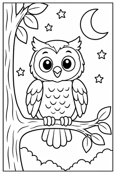 An owl in a tree at night coloring page