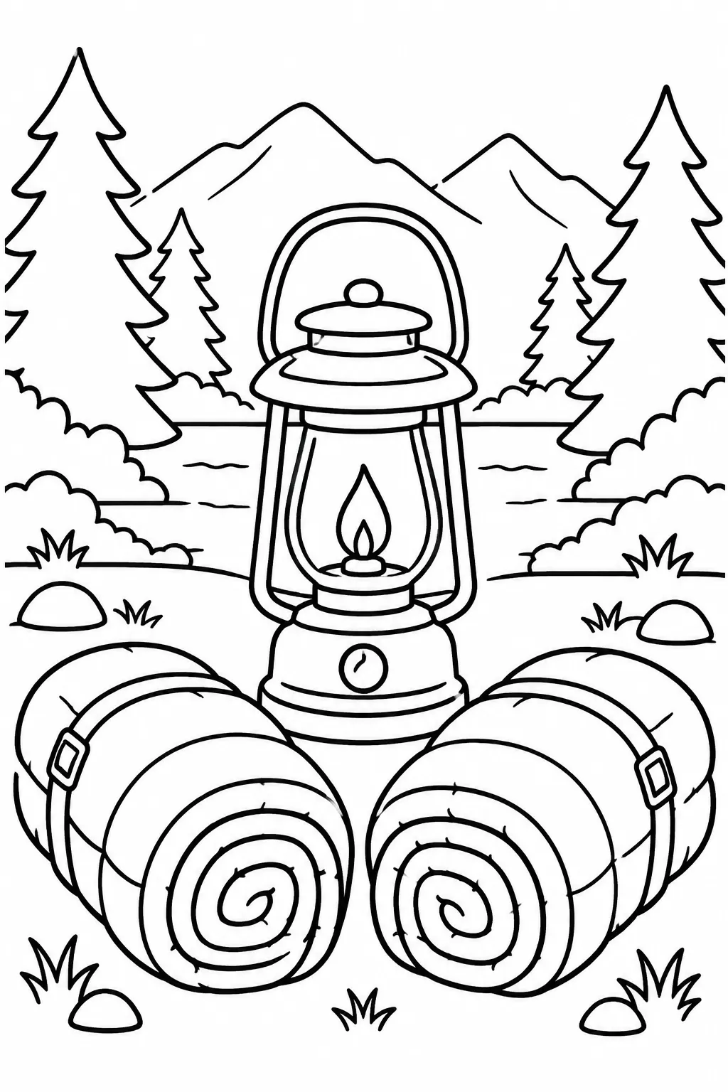 A camping lantern and sleeping bags coloring page