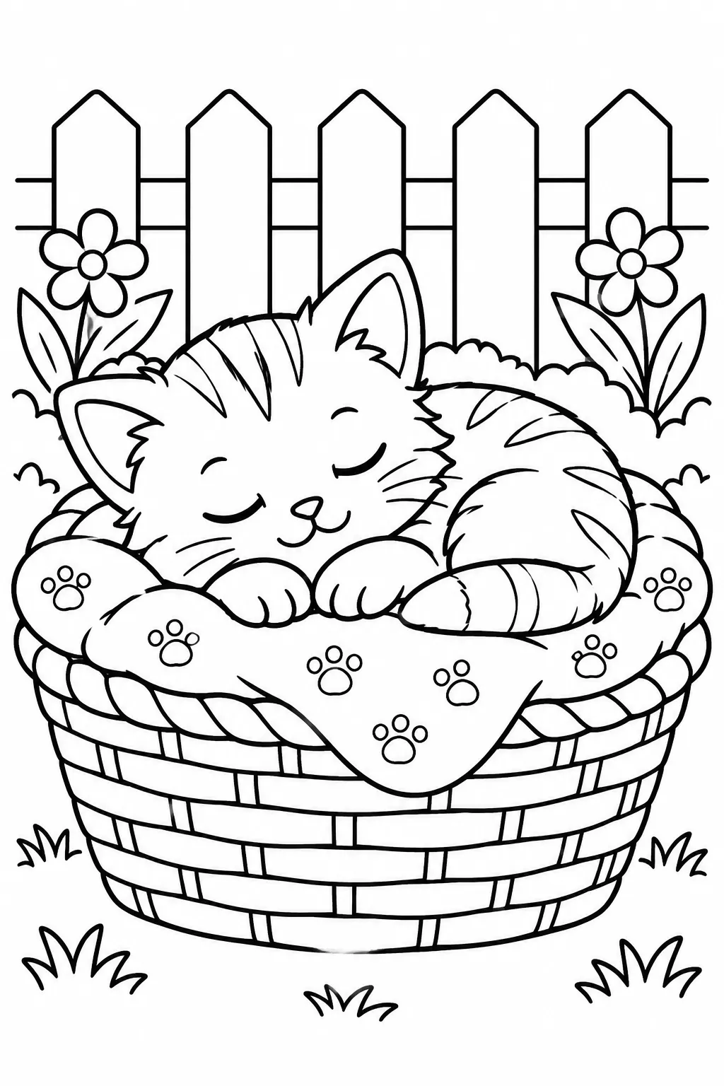 A kitten sleeping in a basket coloring page