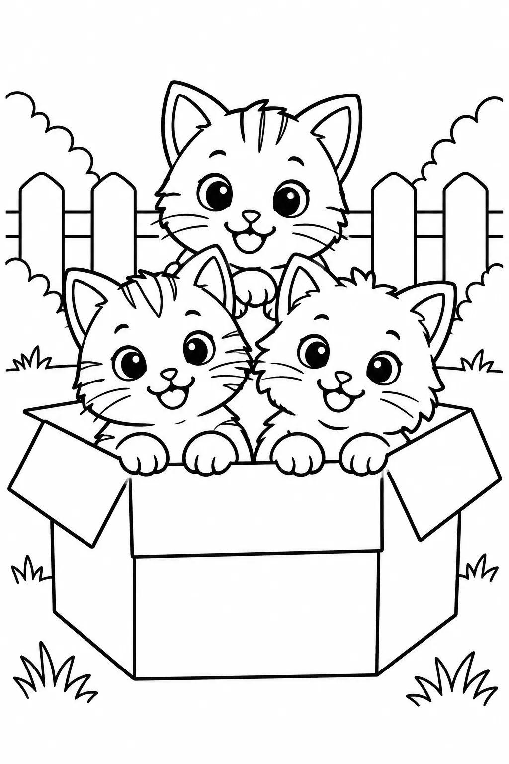 Three kittens in a cardboard box coloring page