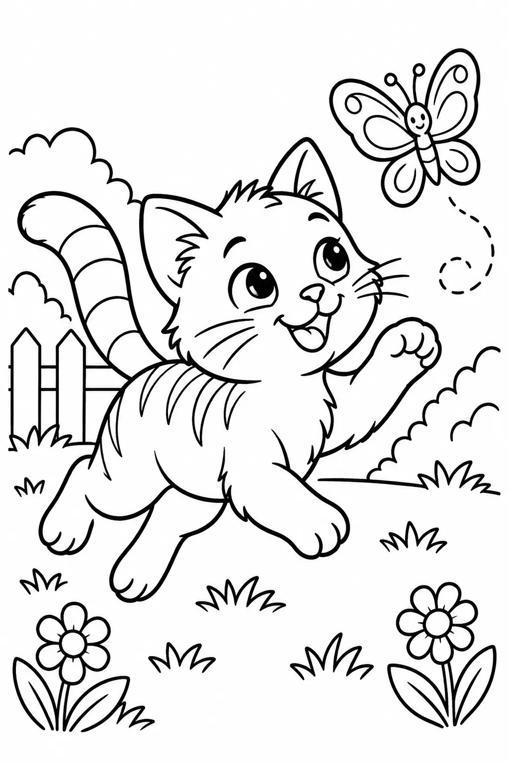 A cat chasing a butterfly coloring page