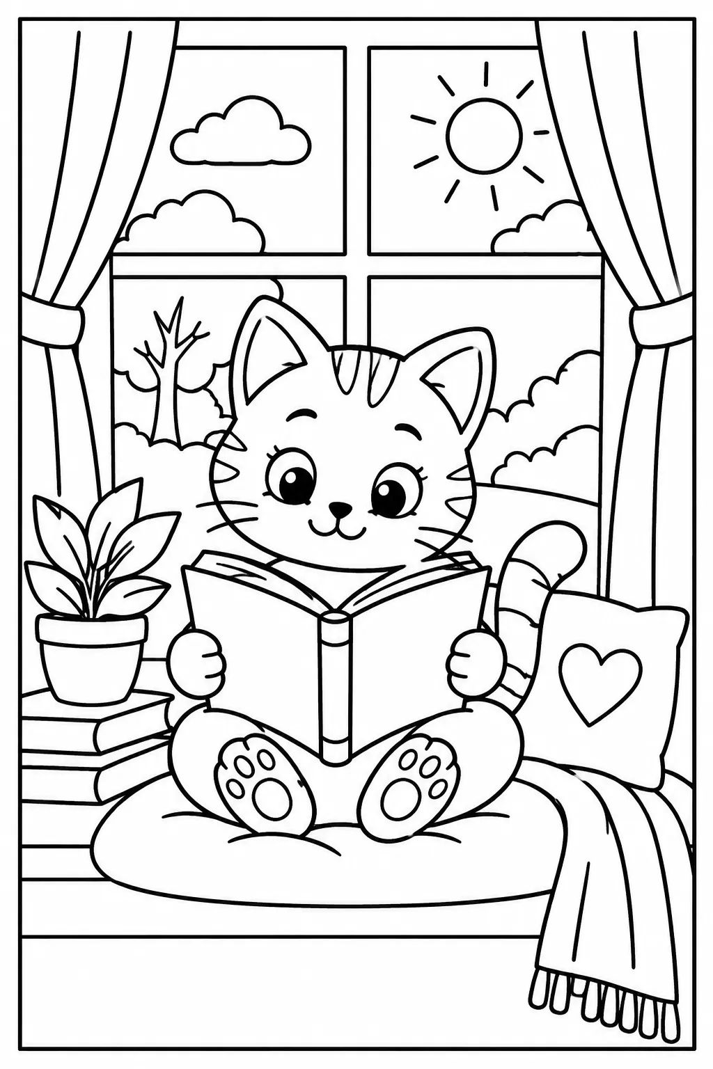 A cat reading a book by the window coloring page