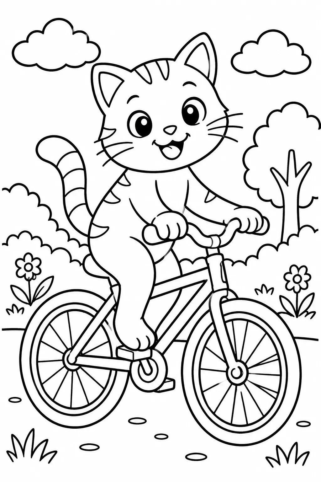A cat riding a bicycle coloring page