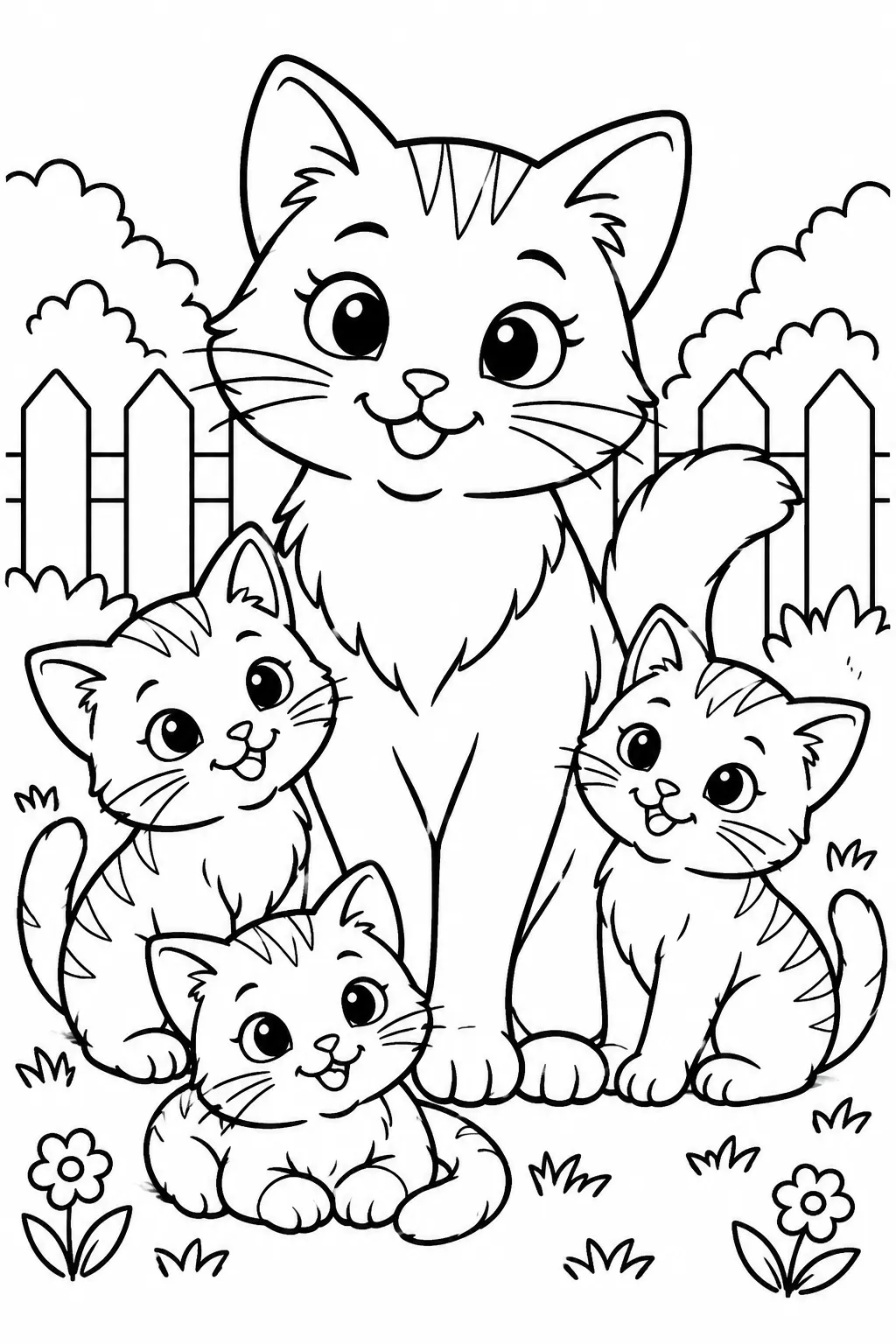 A mother cat with her kittens coloring page