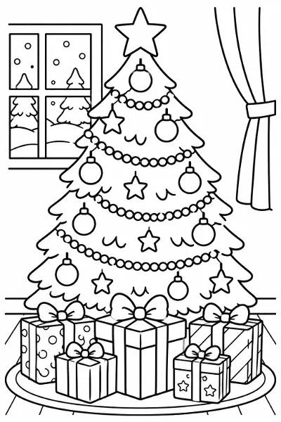 A Christmas tree with presents coloring page