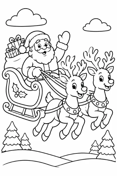 Santa Claus in his sleigh with reindeer coloring page
