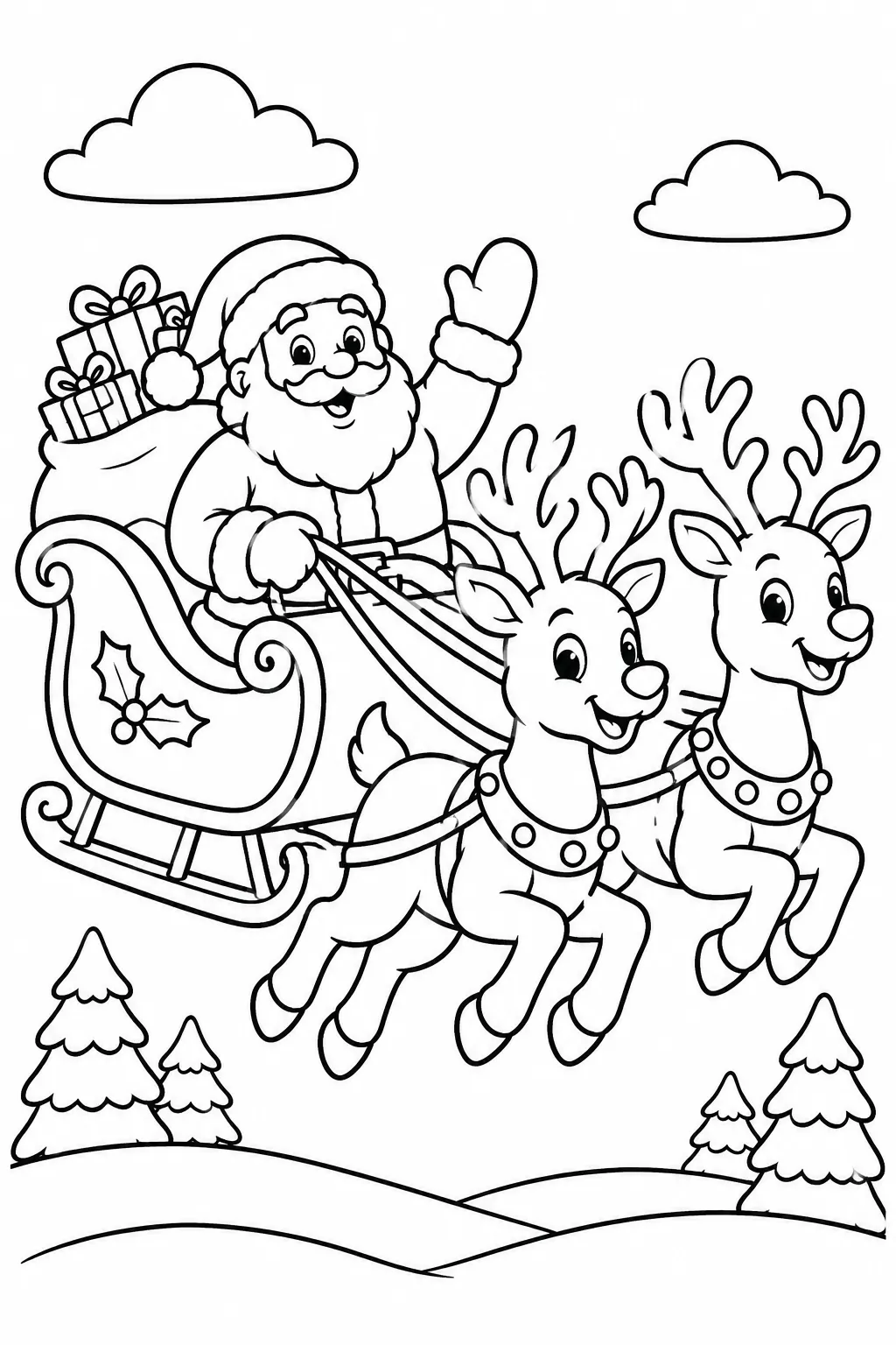 Santa Claus in his sleigh with reindeer coloring page
