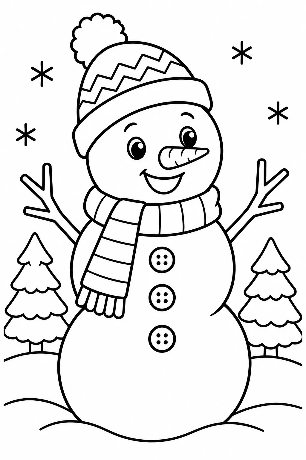 A snowman with a scarf and hat coloring page