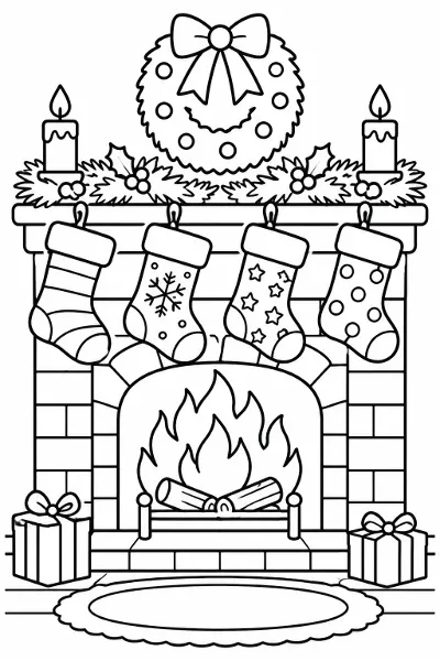 Christmas stockings by the fireplace coloring page