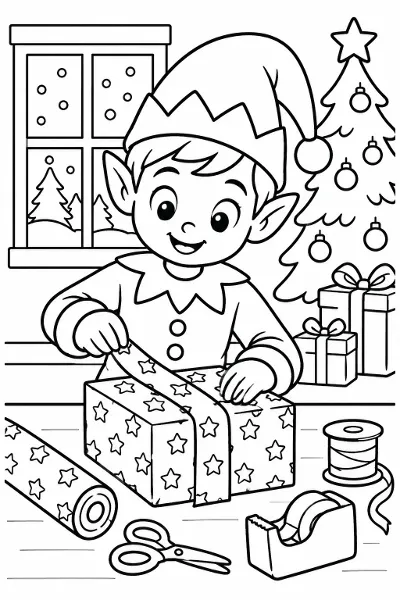 An elf wrapping presents coloring page