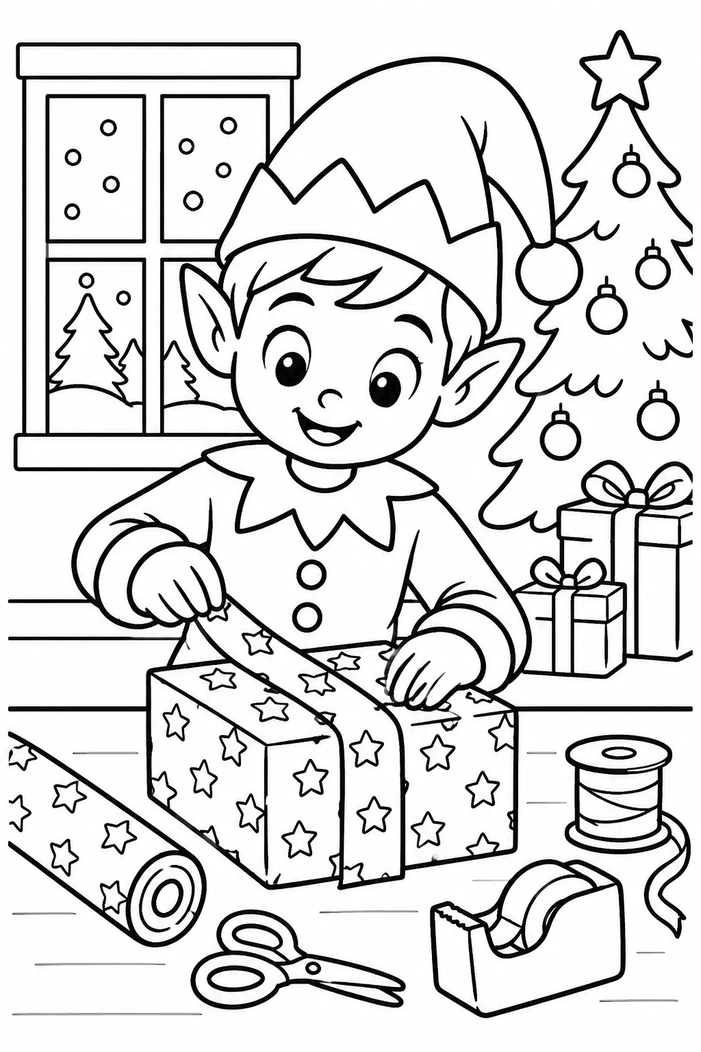 An elf wrapping presents coloring page