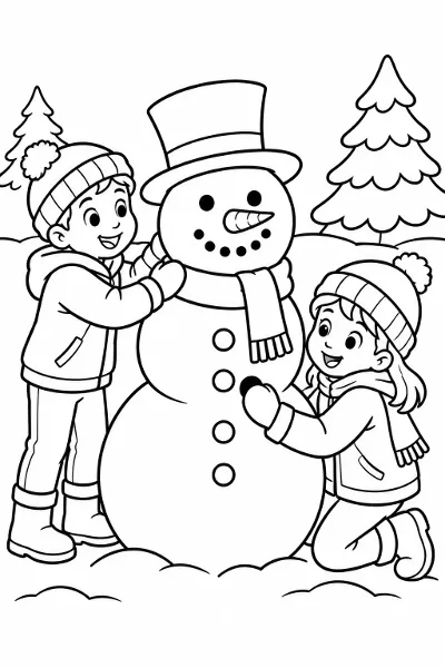 Kids building a snowman coloring page
