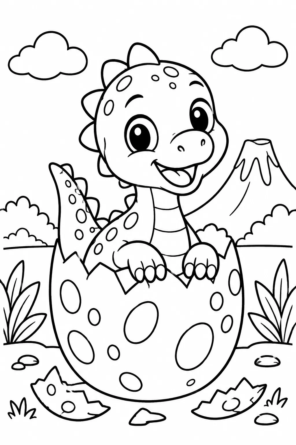 A baby dinosaur hatching from an egg coloring page