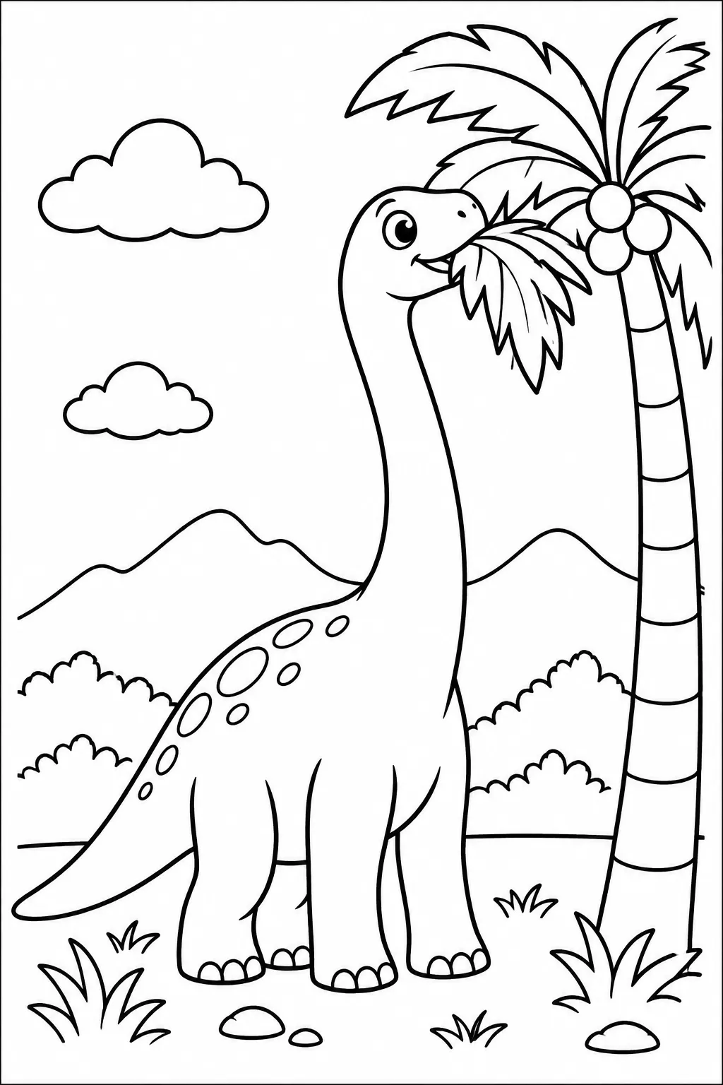 A long-neck dinosaur eating leaves from a palm tree coloring page