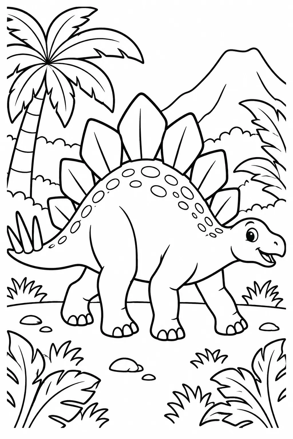 A stegosaurus walking through the jungle coloring page