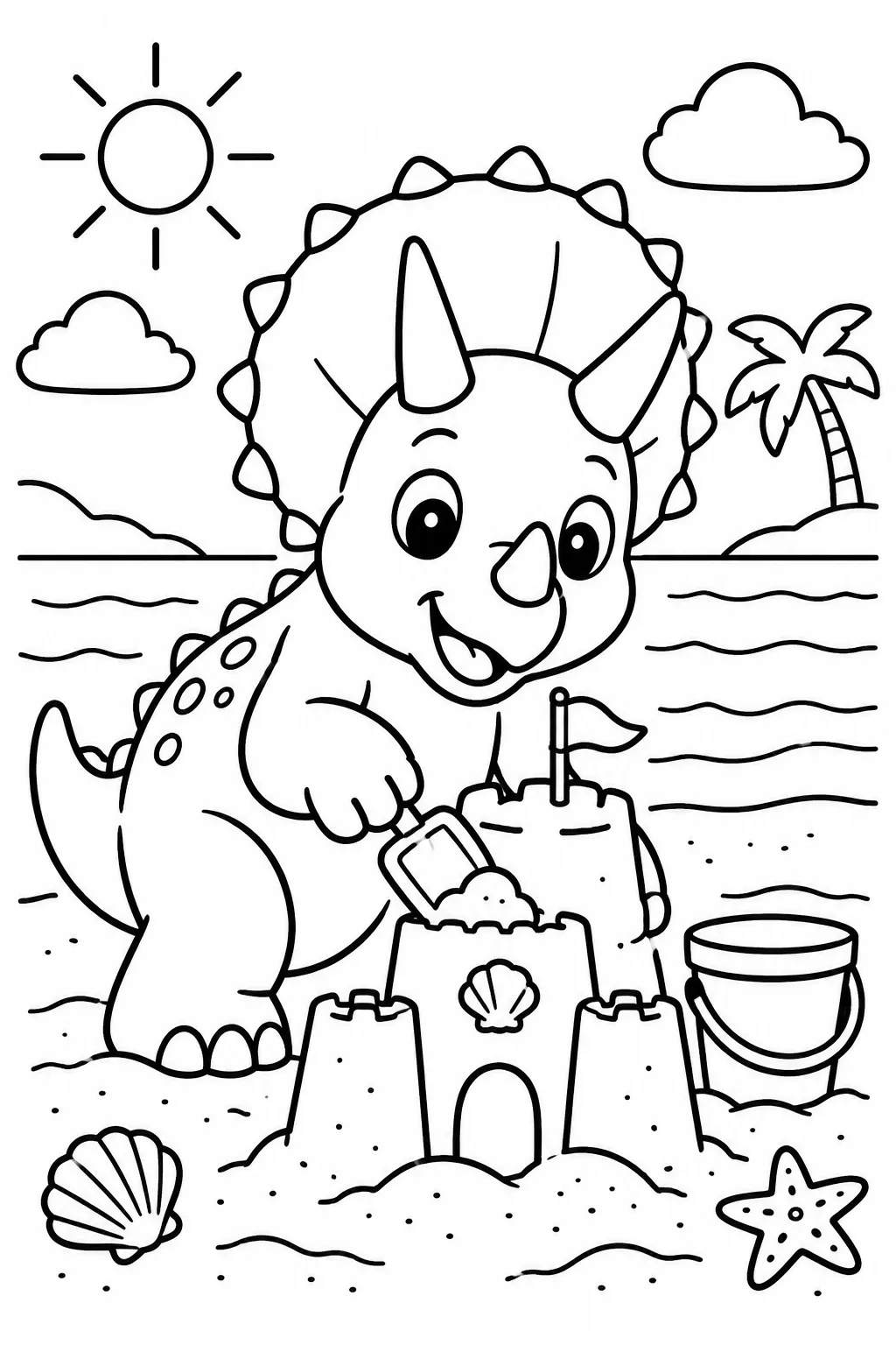 A triceratops building a sandcastle coloring page