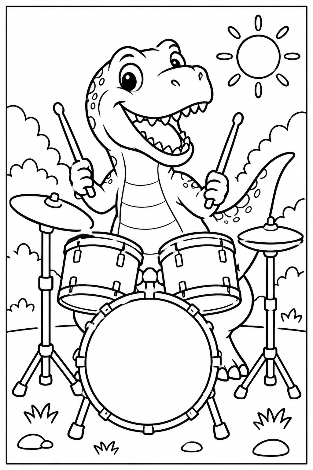 A T-rex playing the drums coloring page