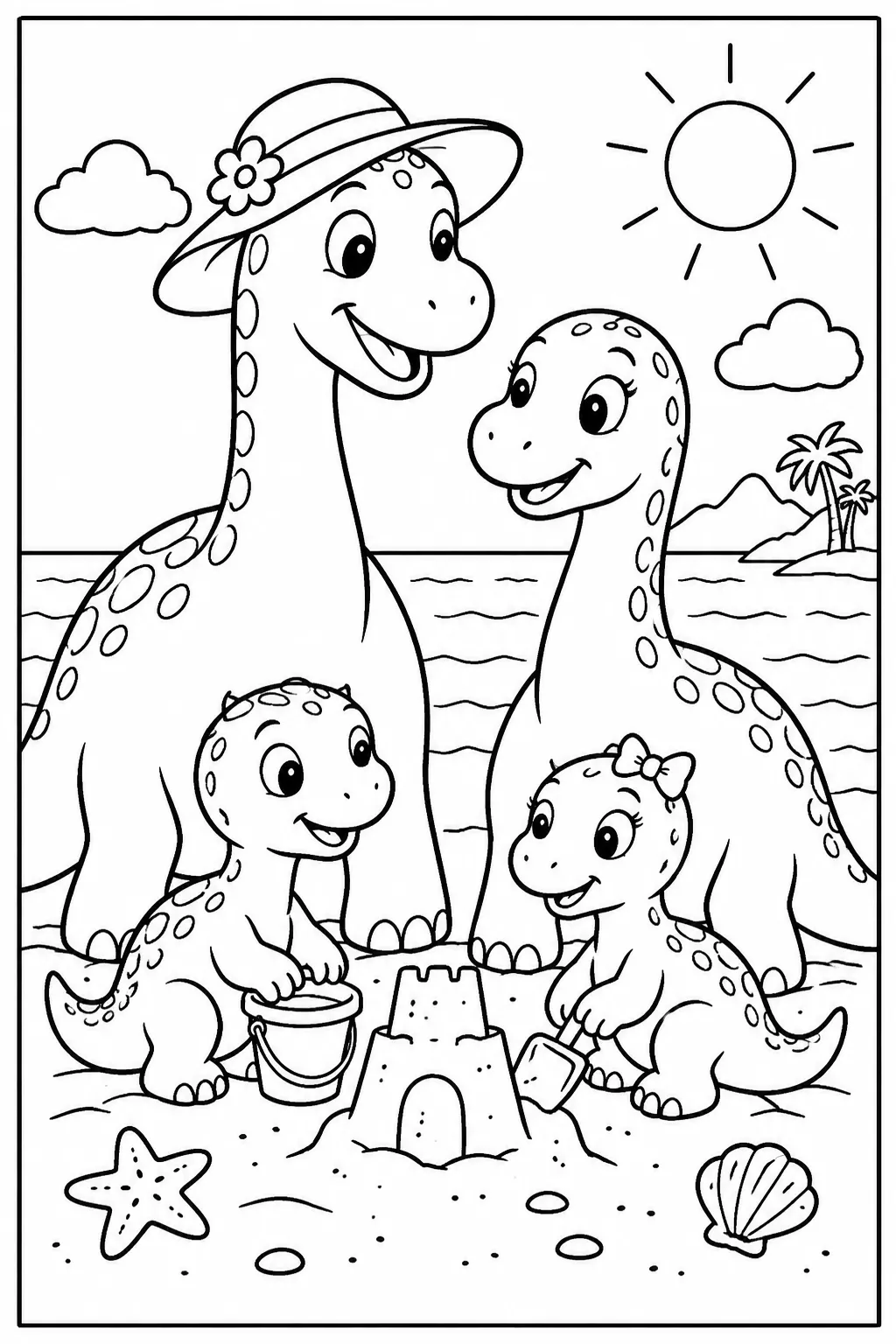 A dinosaur family at the beach coloring page
