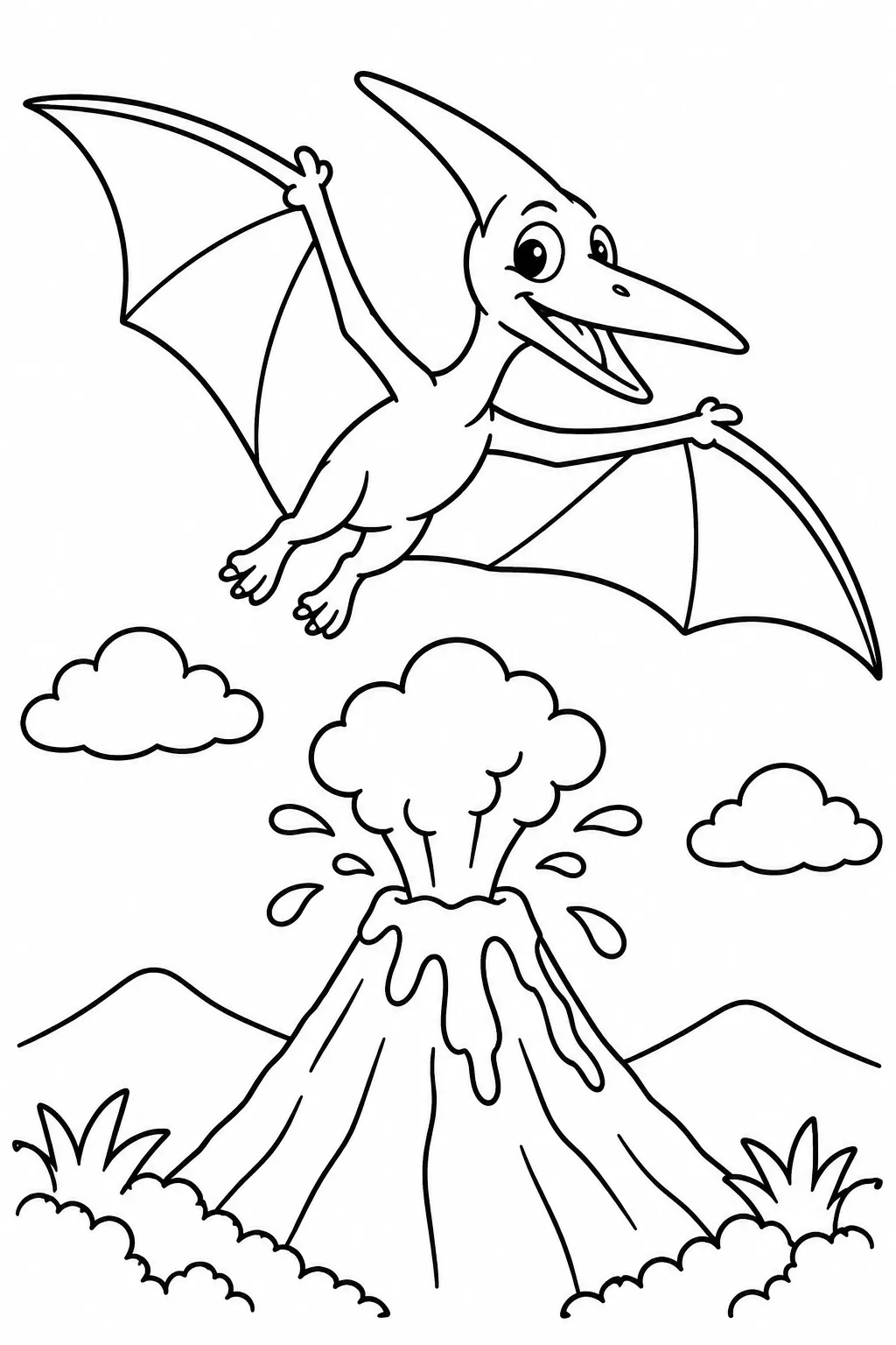 A pterodactyl flying over a volcano coloring page