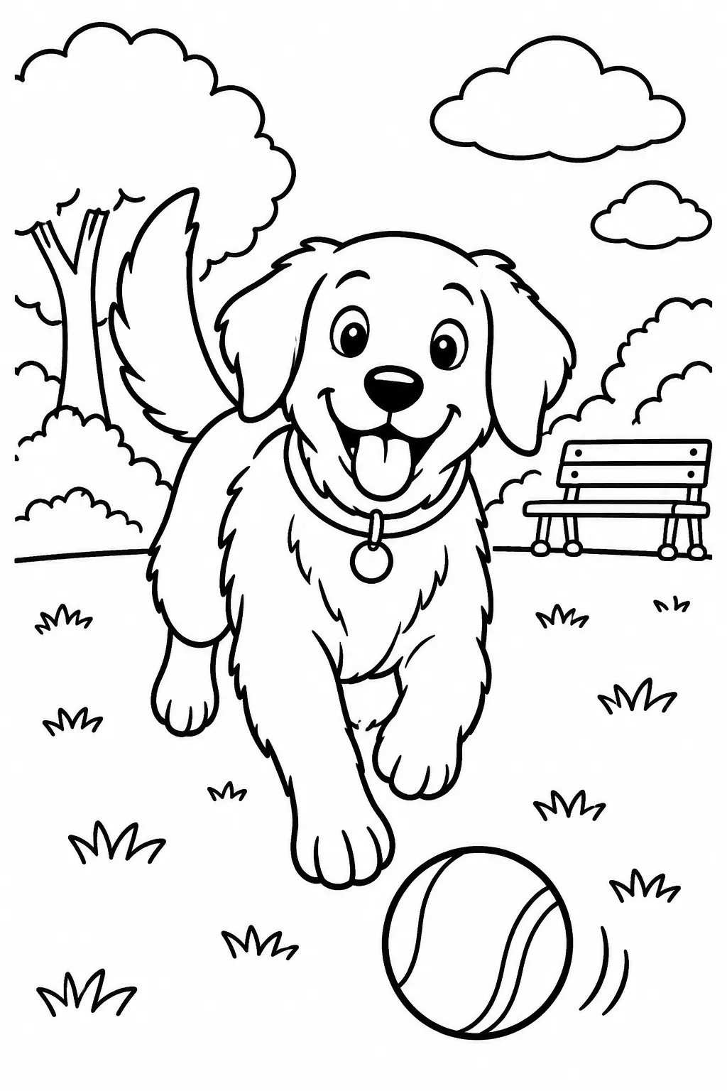 A dog playing fetch in the park coloring page