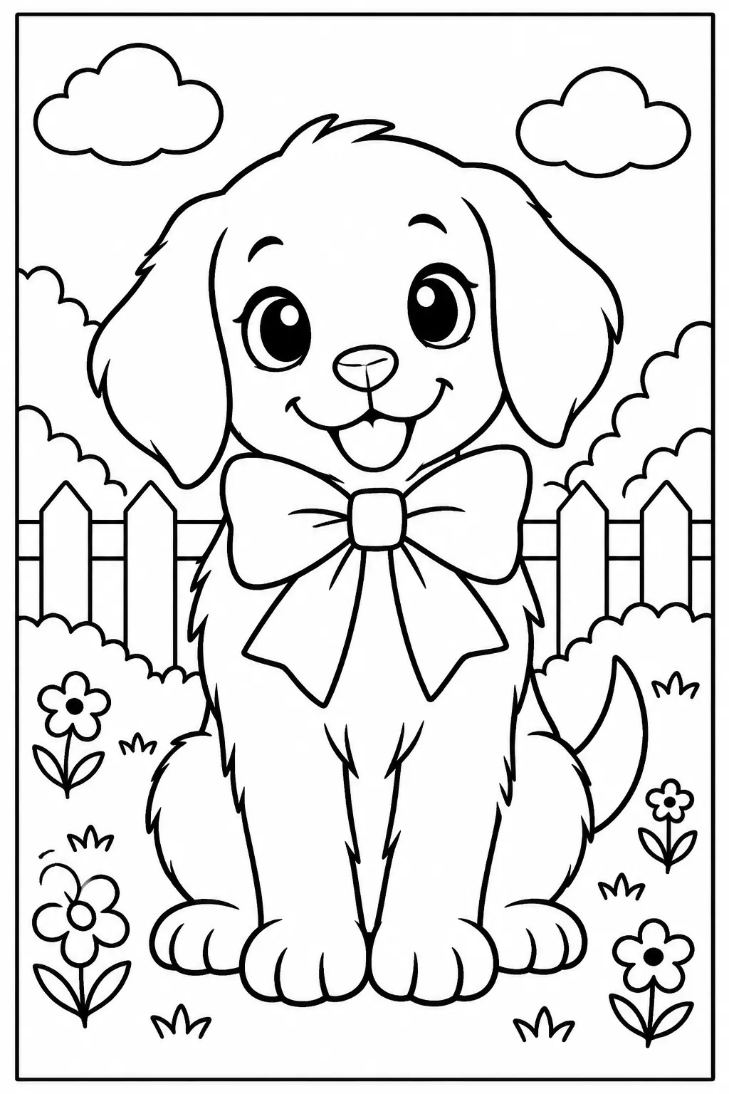 A puppy with a big bow coloring page