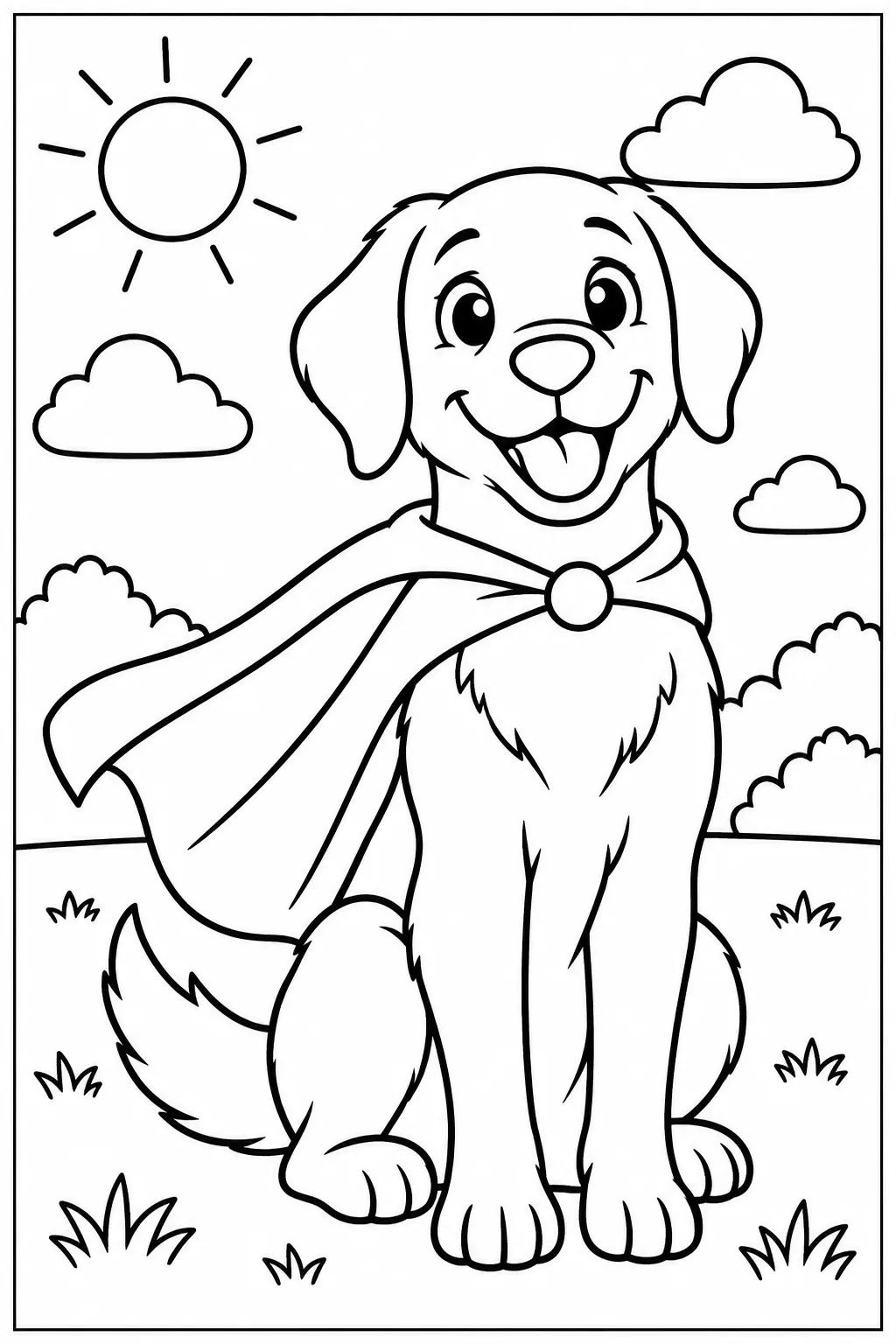 A dog wearing a superhero cape coloring page