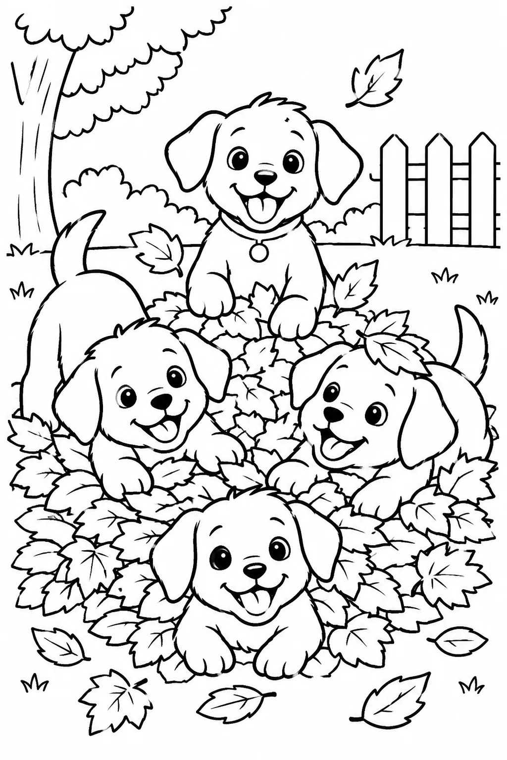Puppies playing in a pile of leaves coloring page